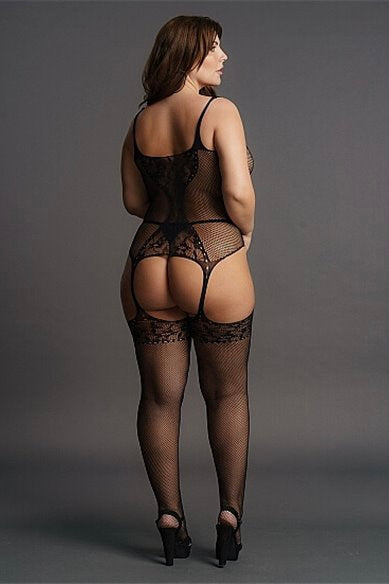 Fishnet and Lace Suspender Bodystocking - Curvynlingerie Plus Size