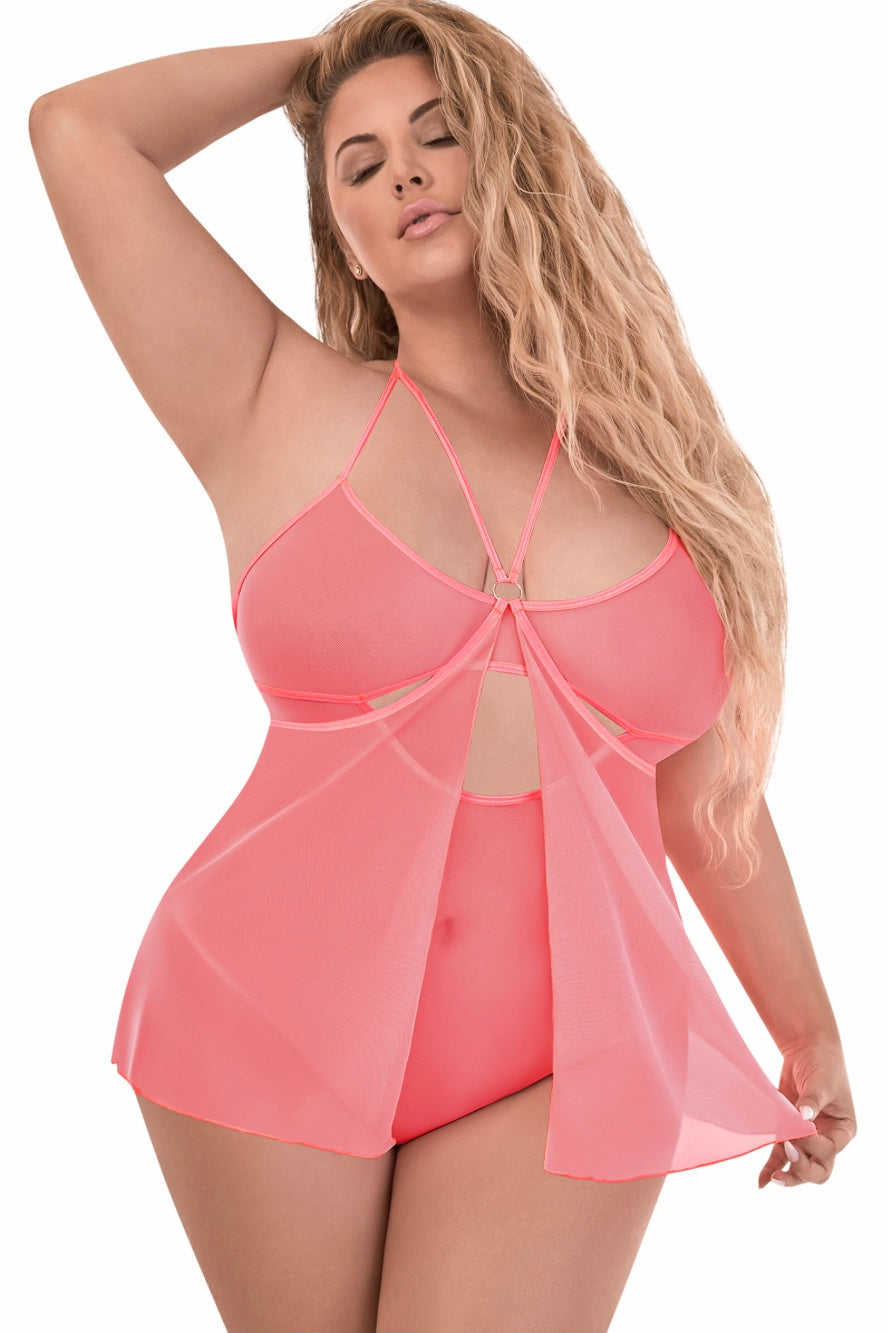 Forever mesh babydoll coral - Curvynlingerie Plus Size