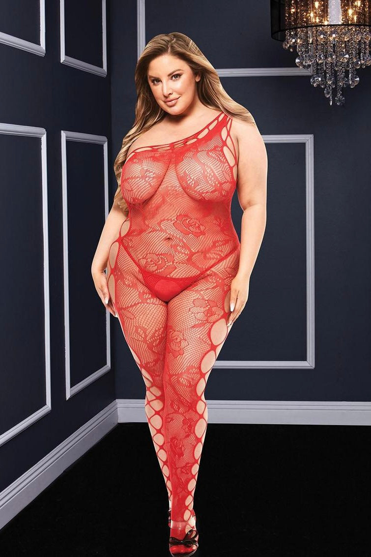 Off the shoulder bodystocking red - Curvynlingerie Plus Size