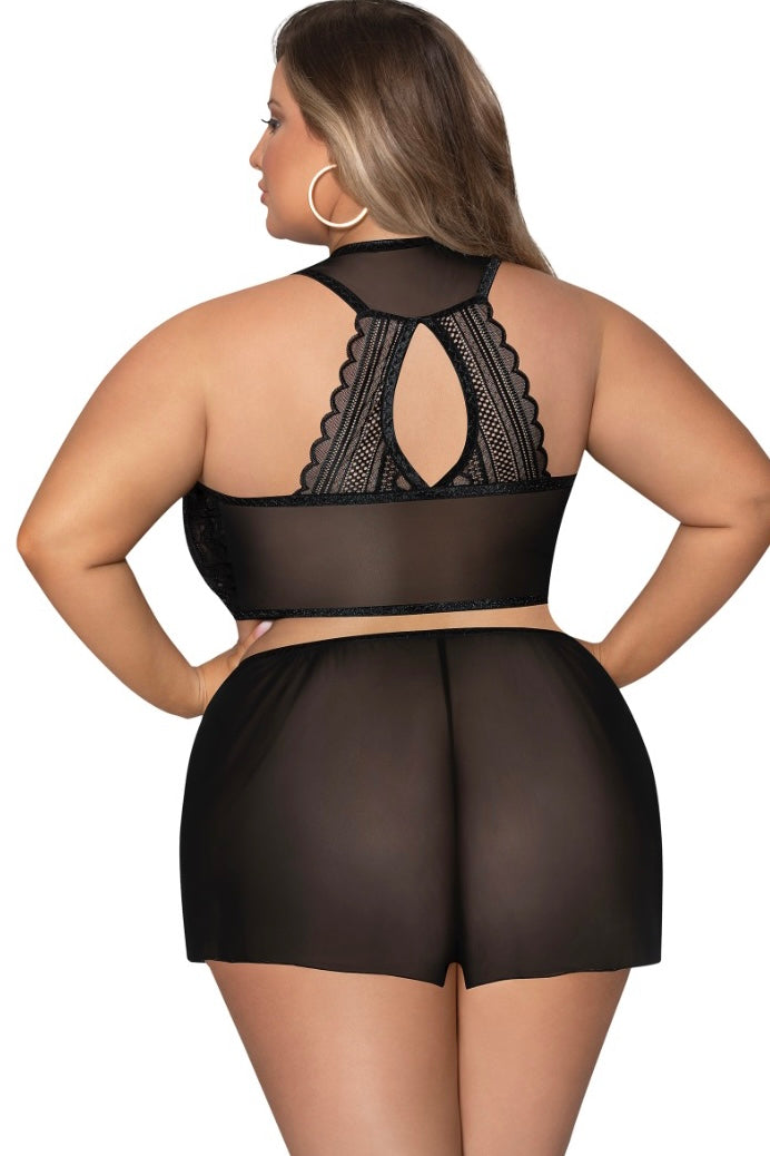 Tie Front Halter & Tap Pant Black - Curvynlingerie Plus Size