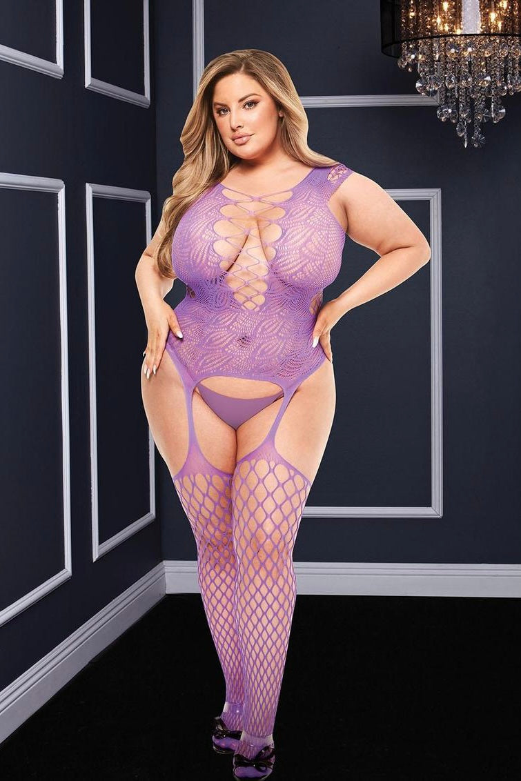 Corset fishnet bodystocking purple - Curvynlingerie Plus Size