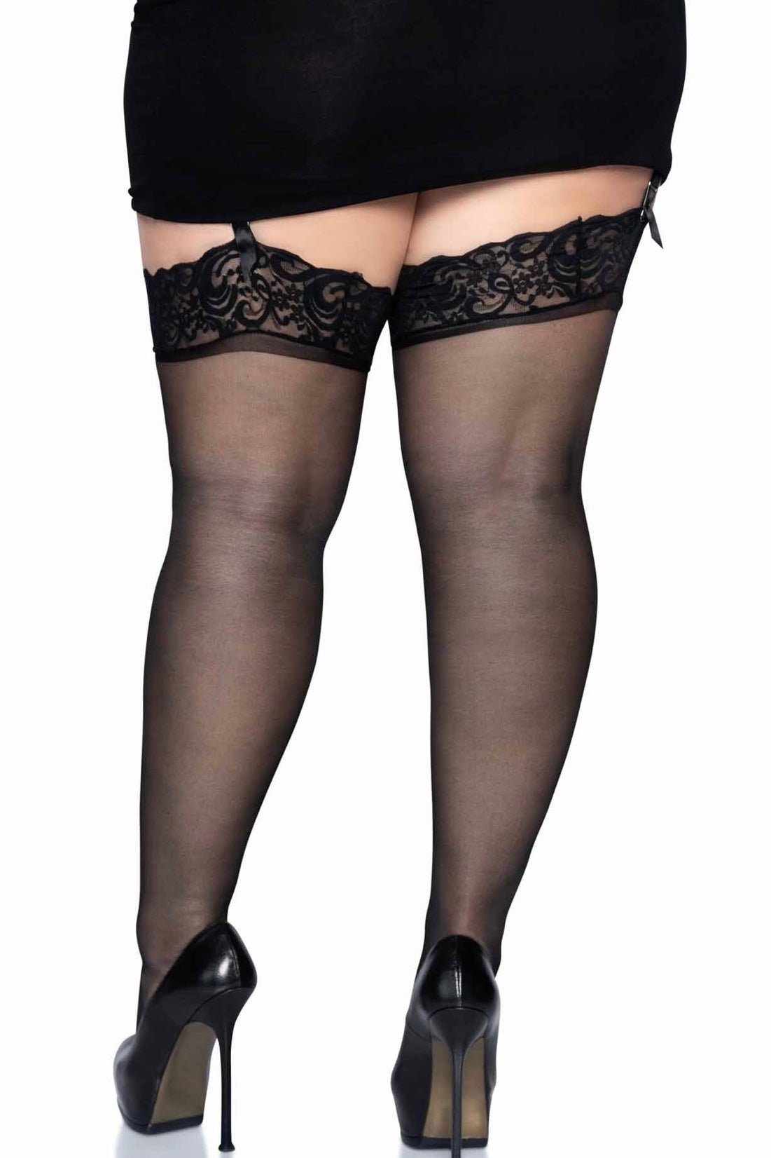 Nylon Sheer Thigh High with Lace Top - Curvynlingerie Plus Size