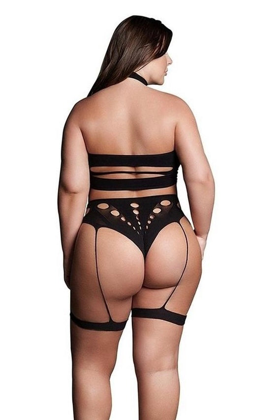 Choker, Bandeau Top and Pantie with Garters - Curvynlingerie Plus Size