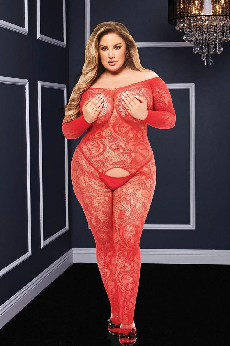 Crotchless bodystocking red - Curvynlingerie Plus Size