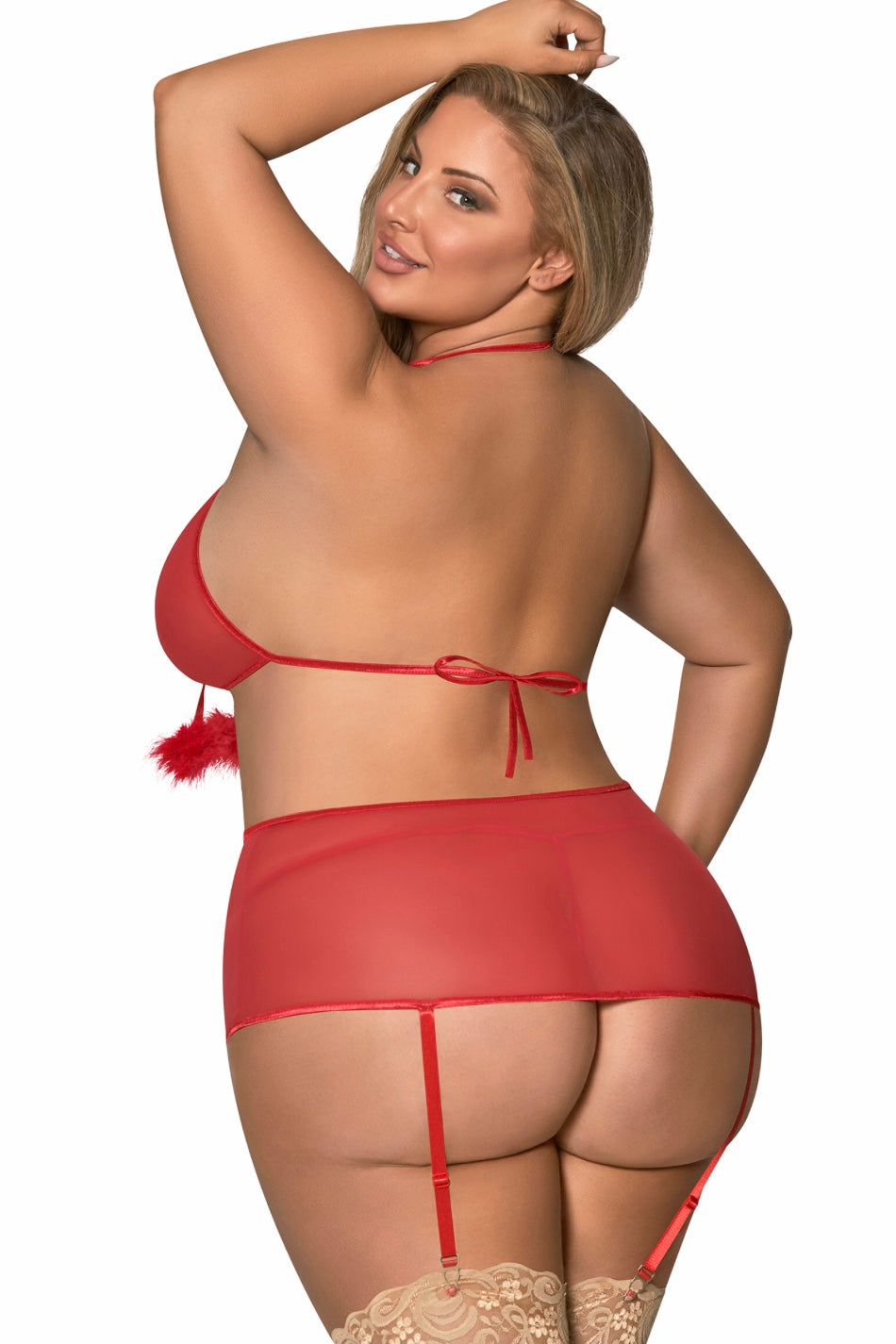 Marabou Bra, Garter Skirt & G Set - Curvynlingerie Plus Size
