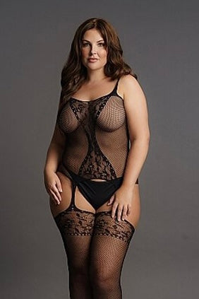 Fishnet and Lace Suspender Bodystocking - Curvynlingerie Plus Size