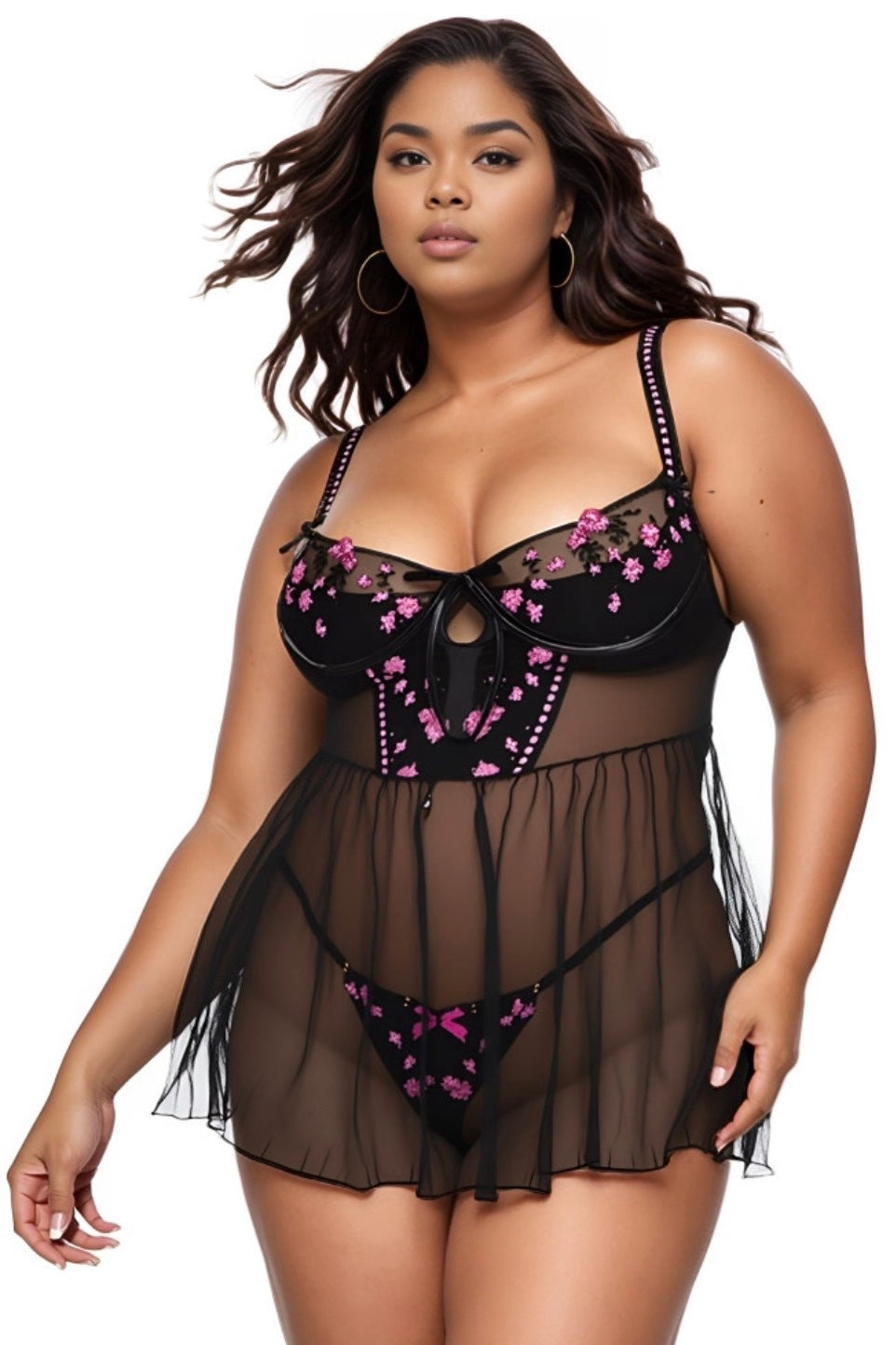 Plus size Harper babydoll G-string black-pink