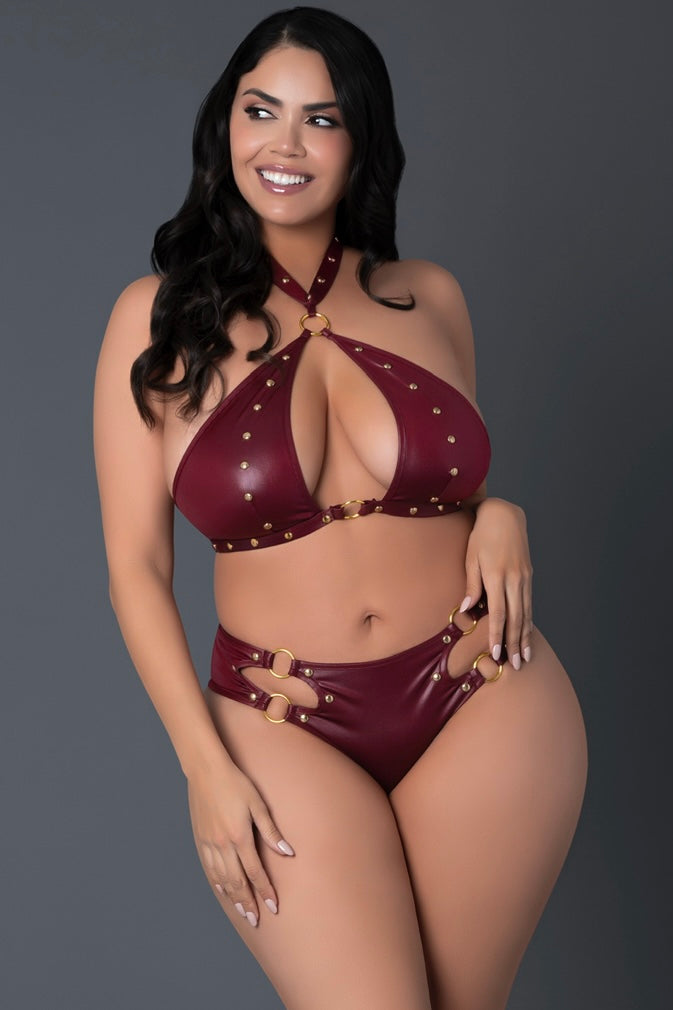 Plus size Faux leather halter bra and short burgundy