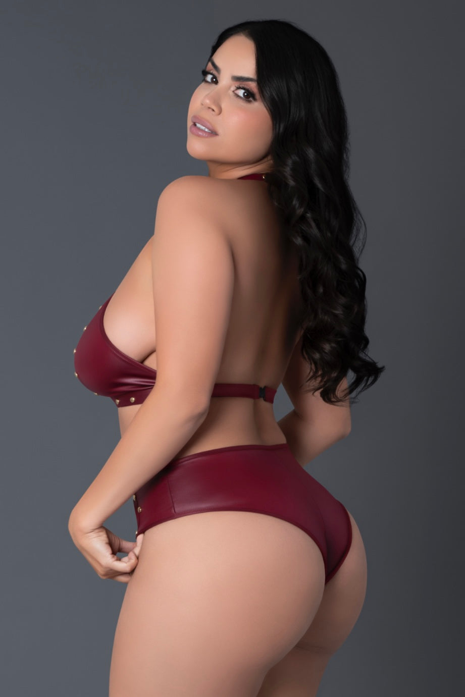 Plus size Faux leather halter bra and short burgundy