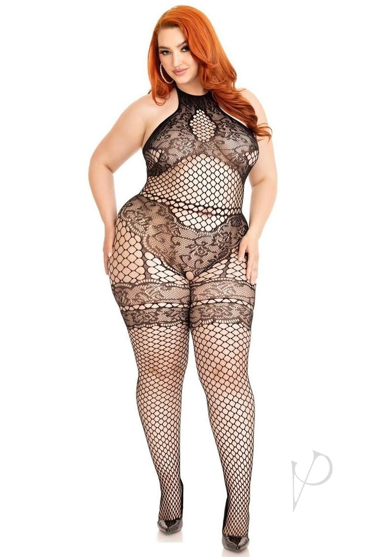 Plus size Bodystocking with Faux Lace Lingerie Detail