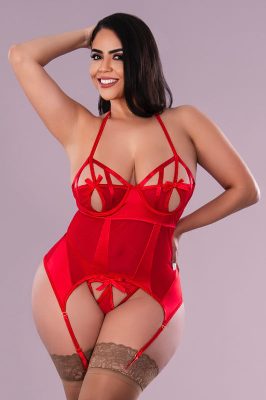 Peek-A-Boo Basque & Pull Open G-String Red
