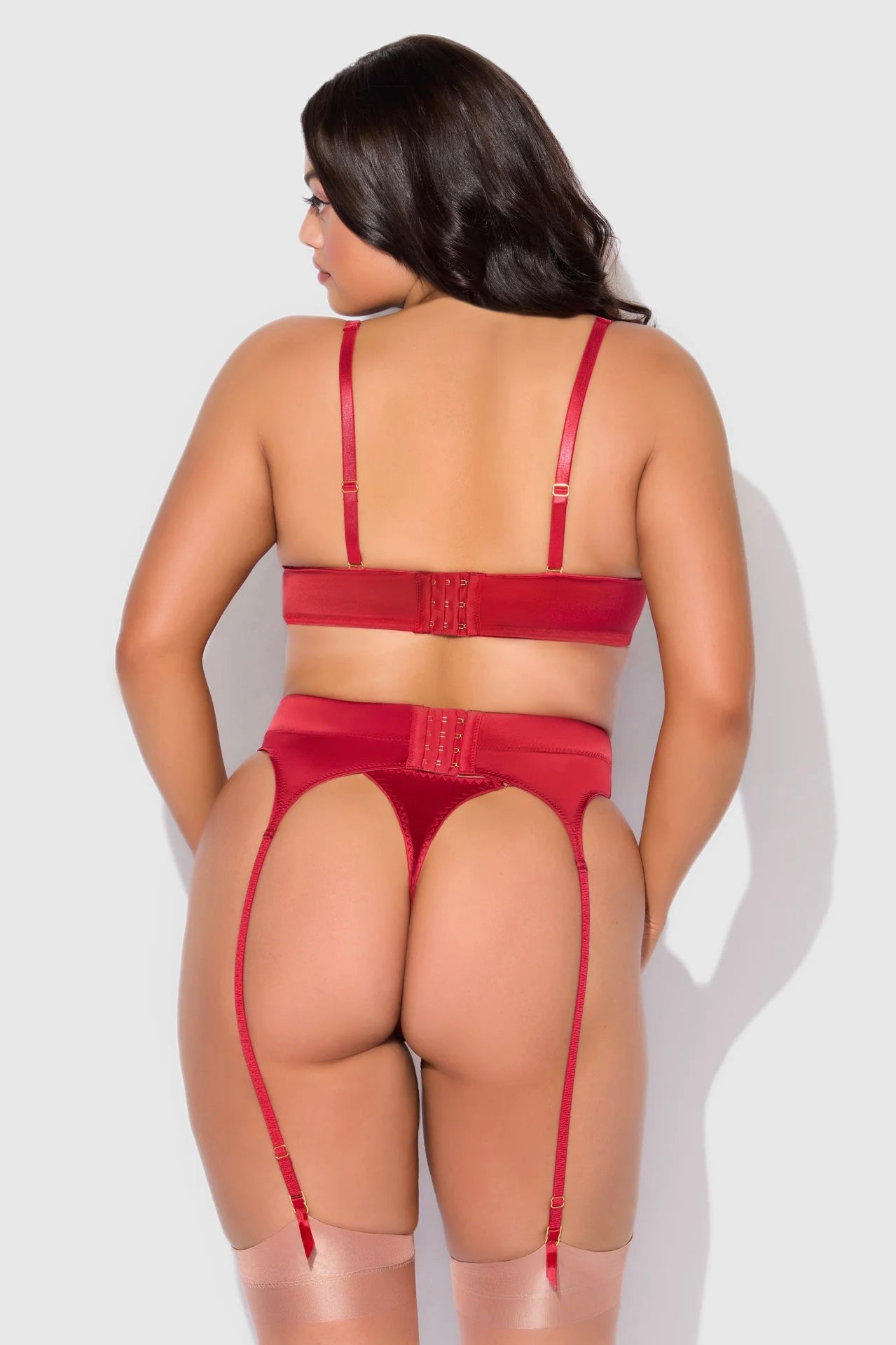 Plus size Brigeta satin push up bra, garter and thong set red