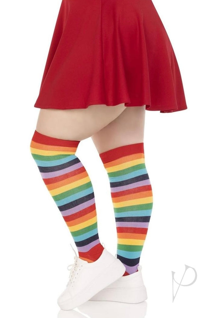 Plus size Spandex Acrylic Rainbow Striped Thigh Highs