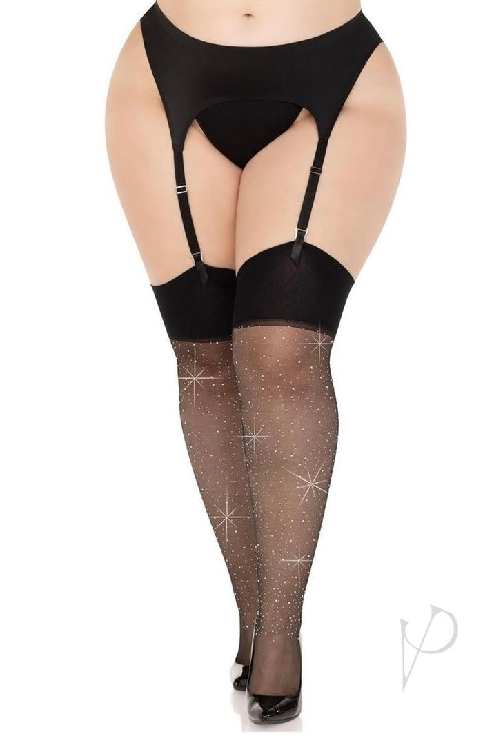 Plus size Wide Top Rhinestone Spandex Sheer Stockings-Curvynlingerie Plus Size