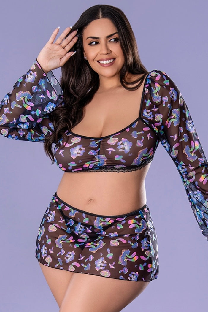 Plus size Crop Top, Skirt & G-String Set Mushroom