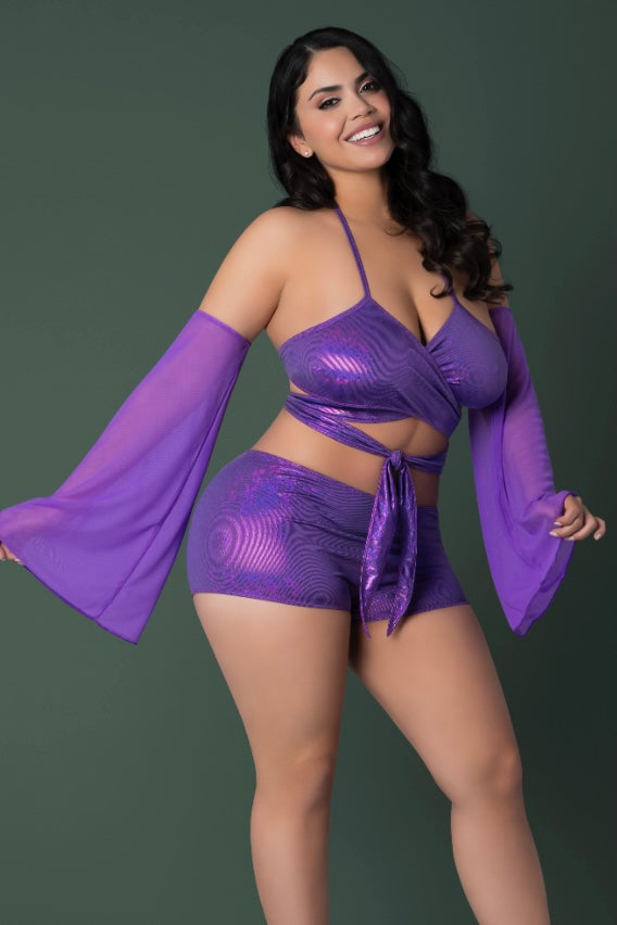 Plus size Wrap Bralette, Booty Shorts & Sleeve Set