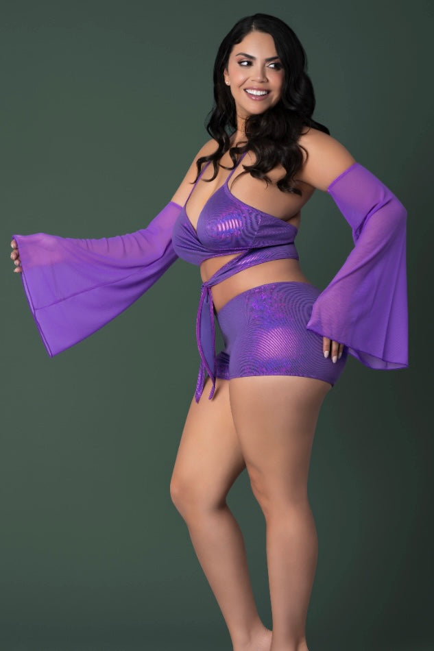 Plus size Wrap Bralette, Booty Shorts & Sleeve Set