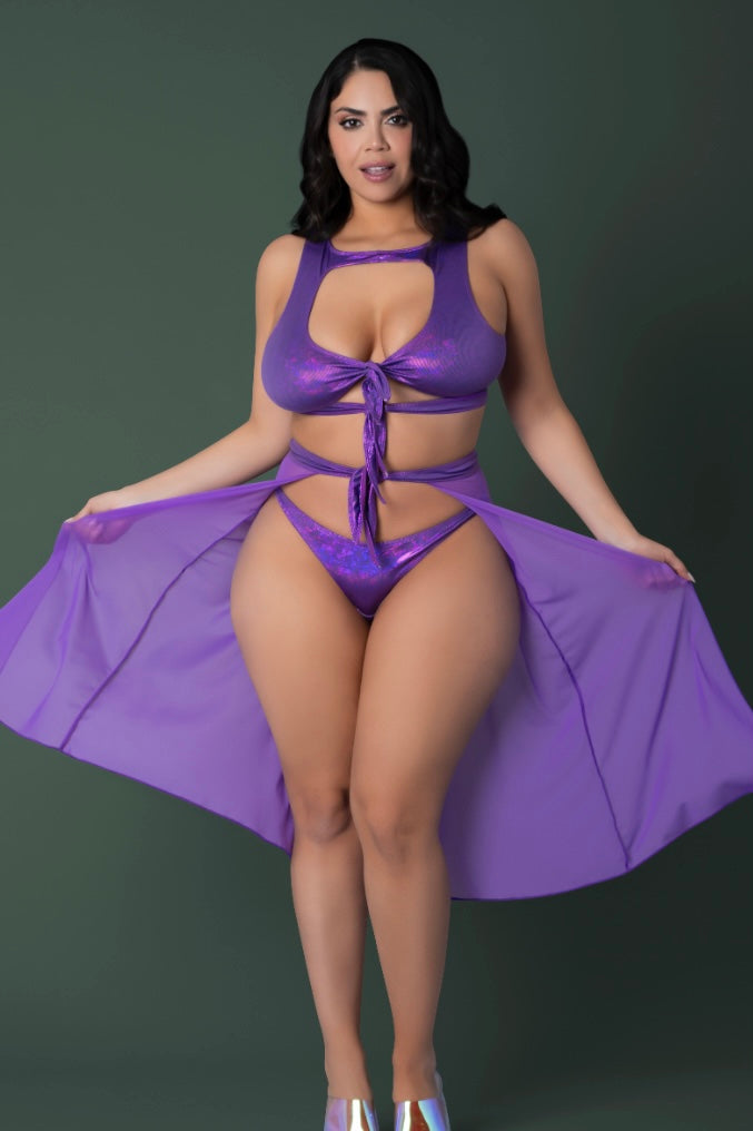 Plus size High Neck Crop Top, Flowy Skirt & Tanga Set