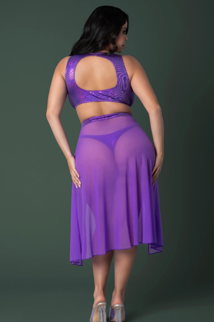 Plus size High Neck Crop Top, Flowy Skirt & Tanga Set