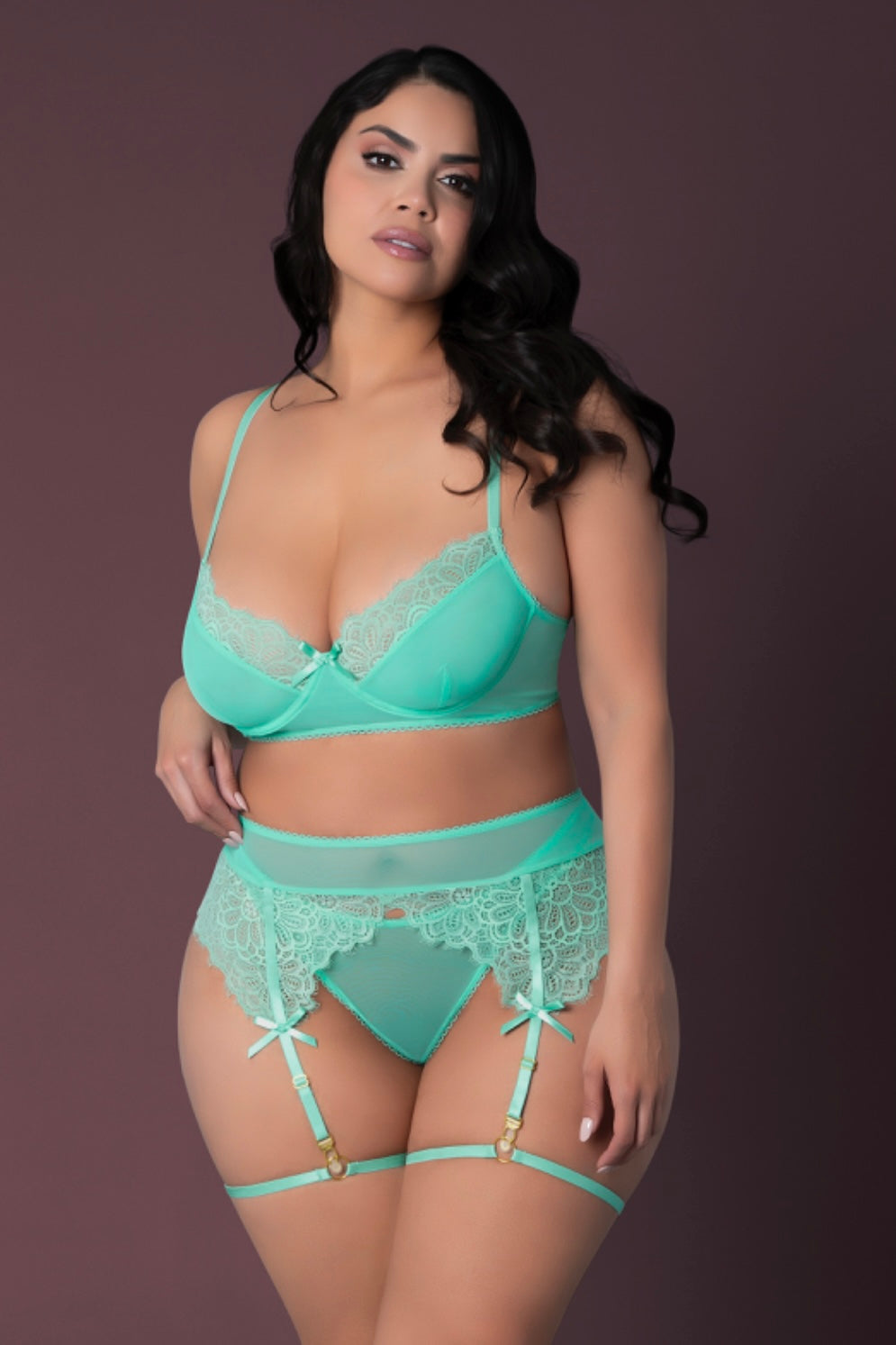 Plus size Demi Bra & Thong with Thigh Garter Set