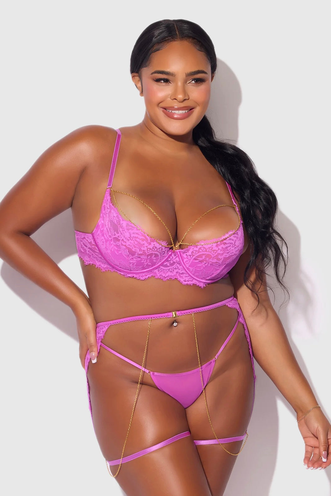 Plus size Reanna lace and chain bra,garter and g-string set