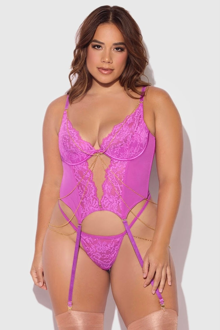 Plus size Reanna lace and chain bustier and g-string set