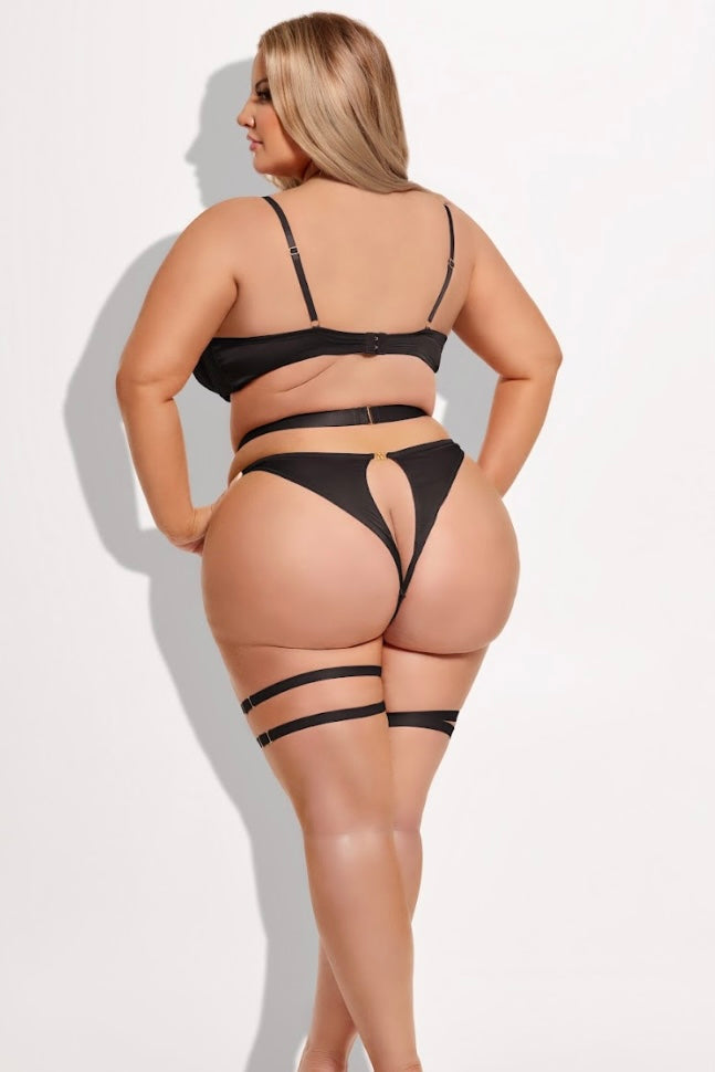 Plus size Helena bra, garter, hipster set black