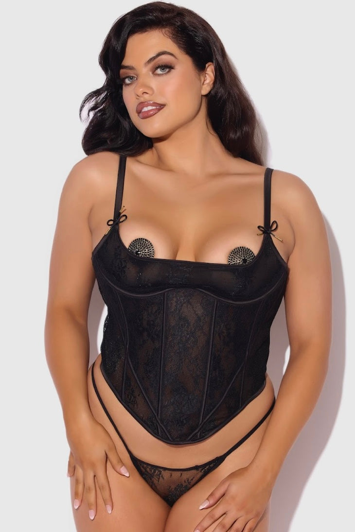 Plus size Jocelyn lace underwire bustier and g-string set