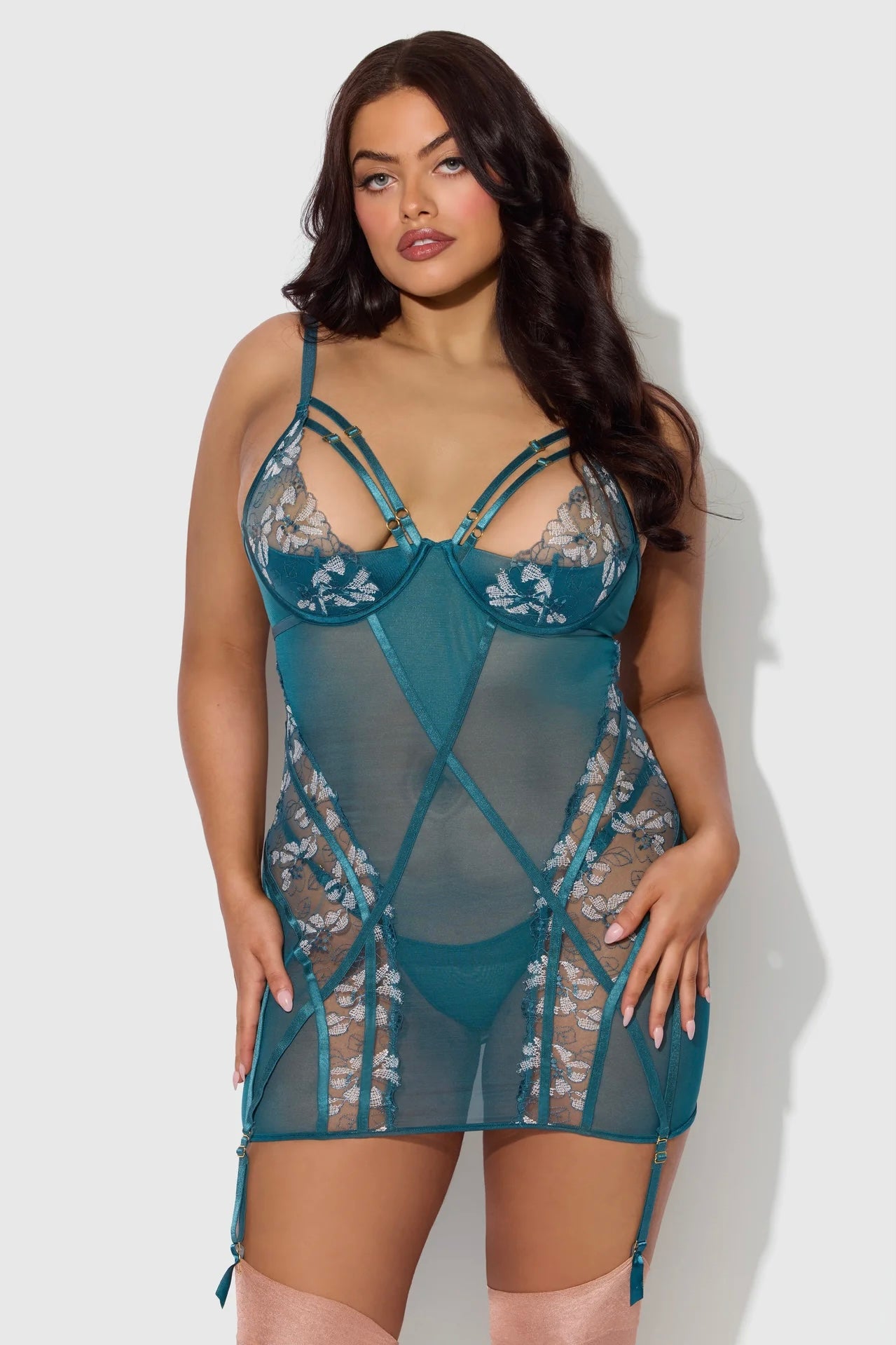 Plus size Nova blacklight lace chemise and thing set
