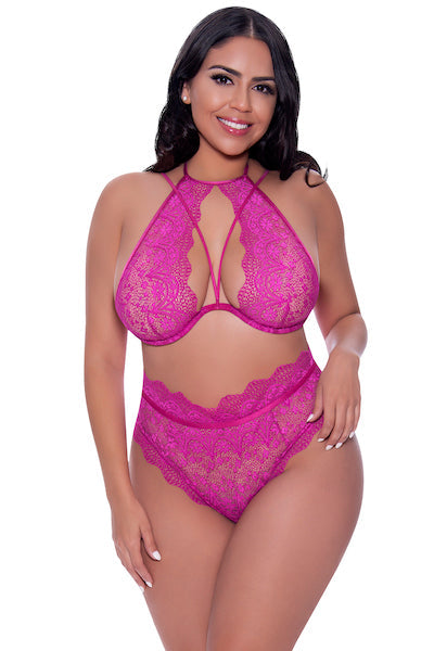 Halter & Lace Up Panty Set raspberry - Curvynlingerie Plus Size