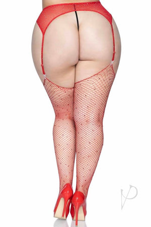 Rhinestone Fishnet Stockings Red - Curvynlingerie Plus Size 