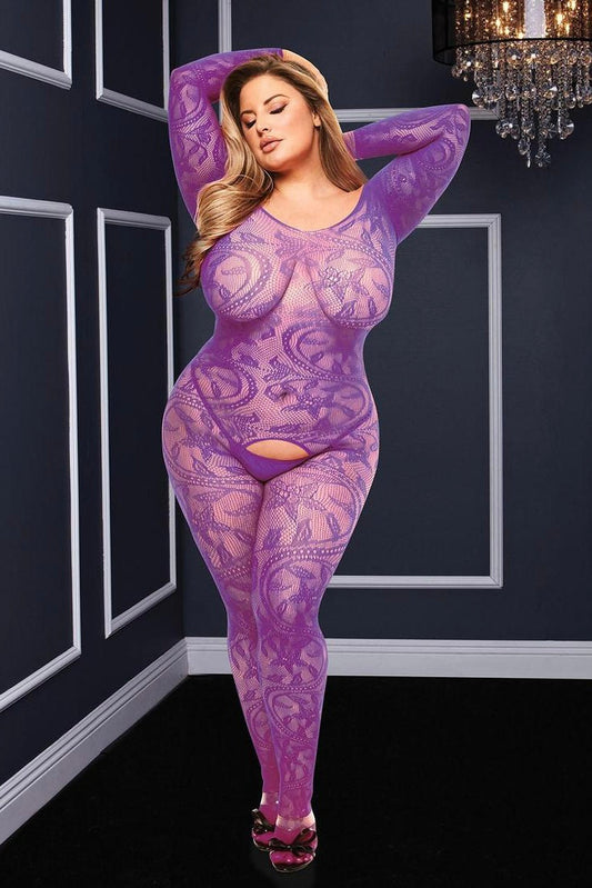 Crotchless bodystocking purple - Curvynlingerie Plus Size 