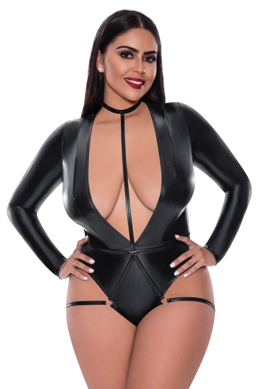 Long Sleeve Teddy w/Harness Caging - Curvynlingerie Plus Size 
