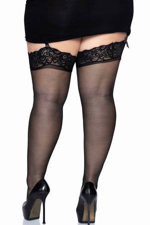 Nylon Sheer Thigh High with Lace Top - Curvynlingerie Plus Size 