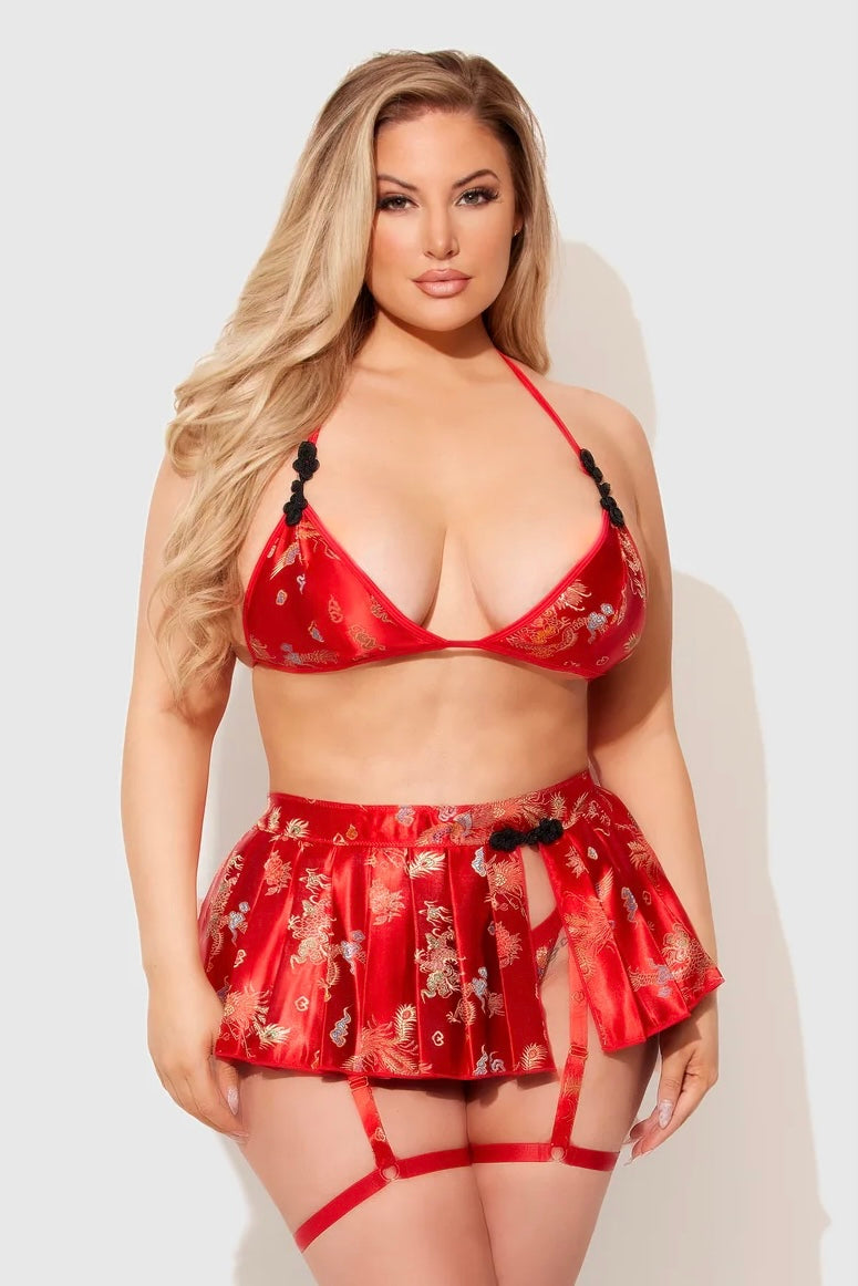 Plus size Dragon bralette, skirt and thong set