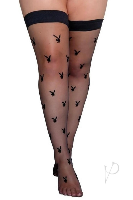Black sheer stockings with bunny pattern worn by a person on a white background