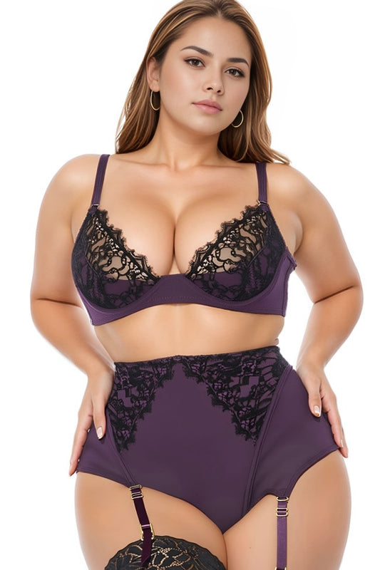 Woman wearing a purple lingerie set with black lace details on a white background