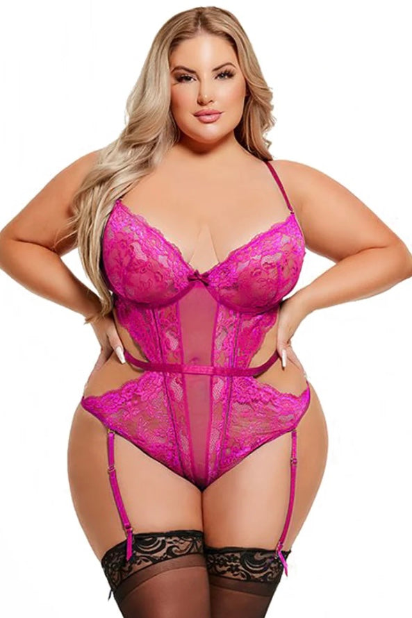 Plus size Harlow lace and mesh underwire teddy Fuschia