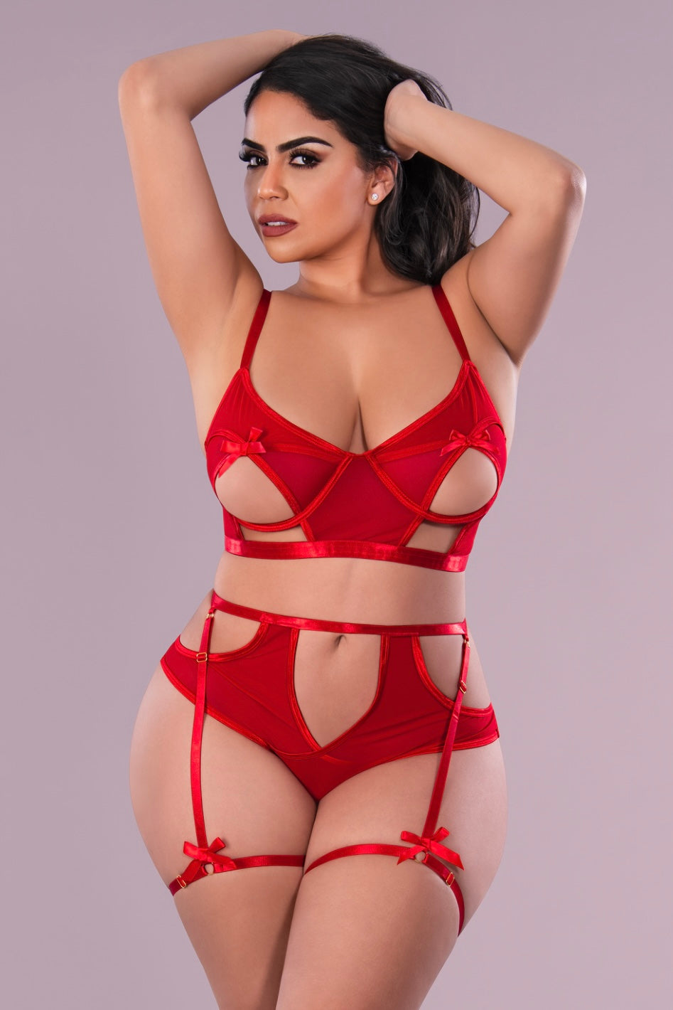 Bralette, High Waist Panty Set w/ Removable Garters Red