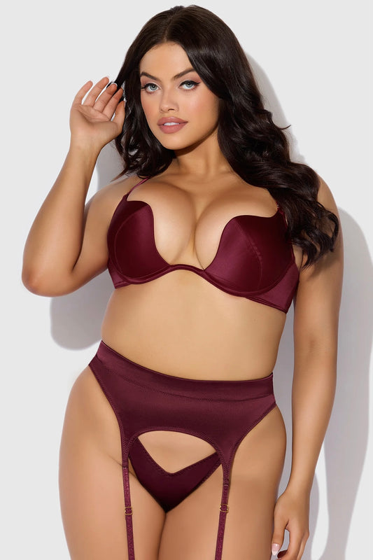 Plus size Brigeta satin push up bra, garter and thong set