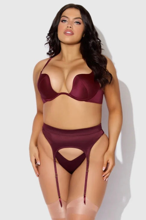 Plus size Brigeta satin push up bra, garter and thong set
