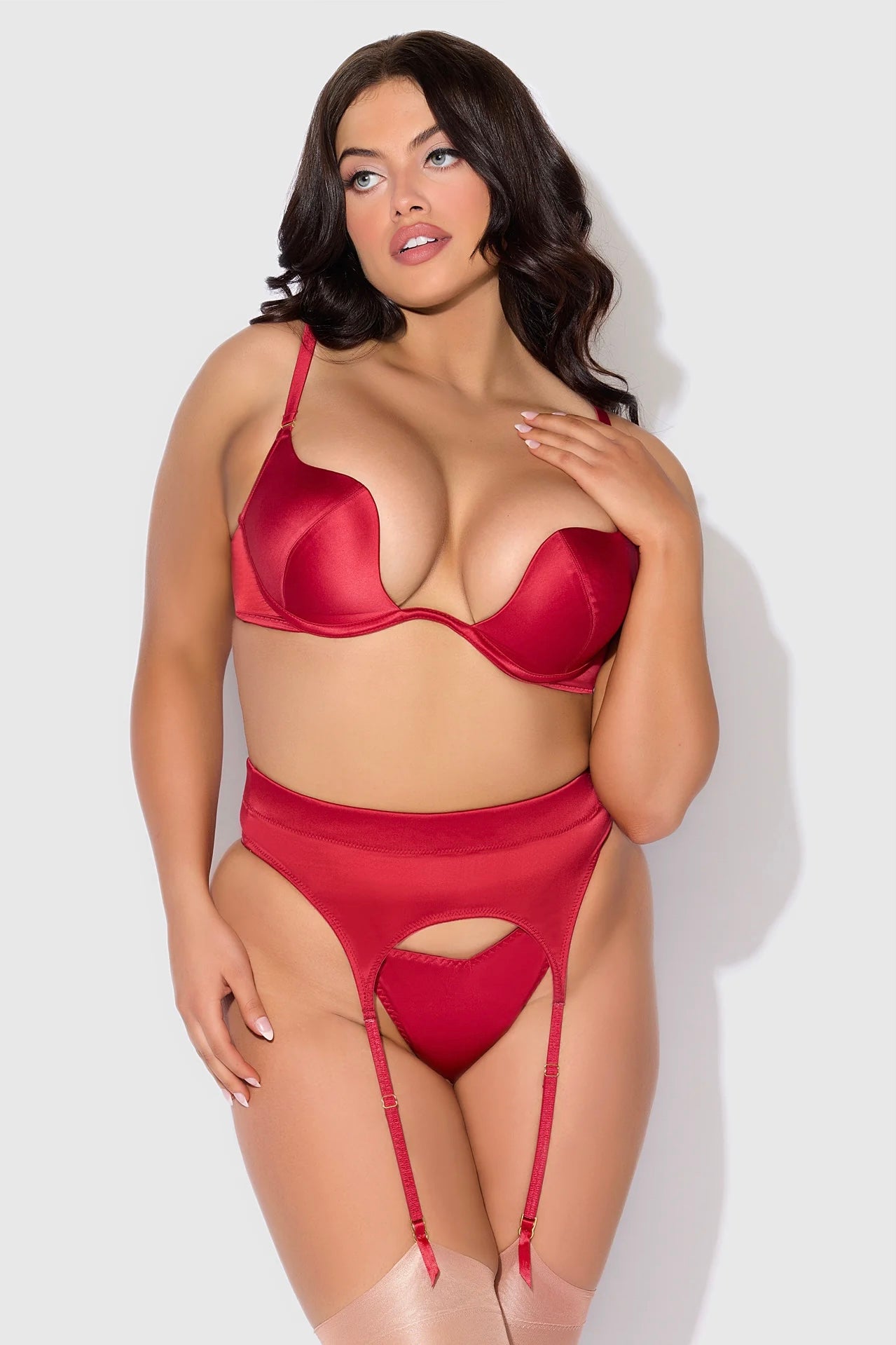 Plus size Brigeta satin push up bra, garter and thong set red