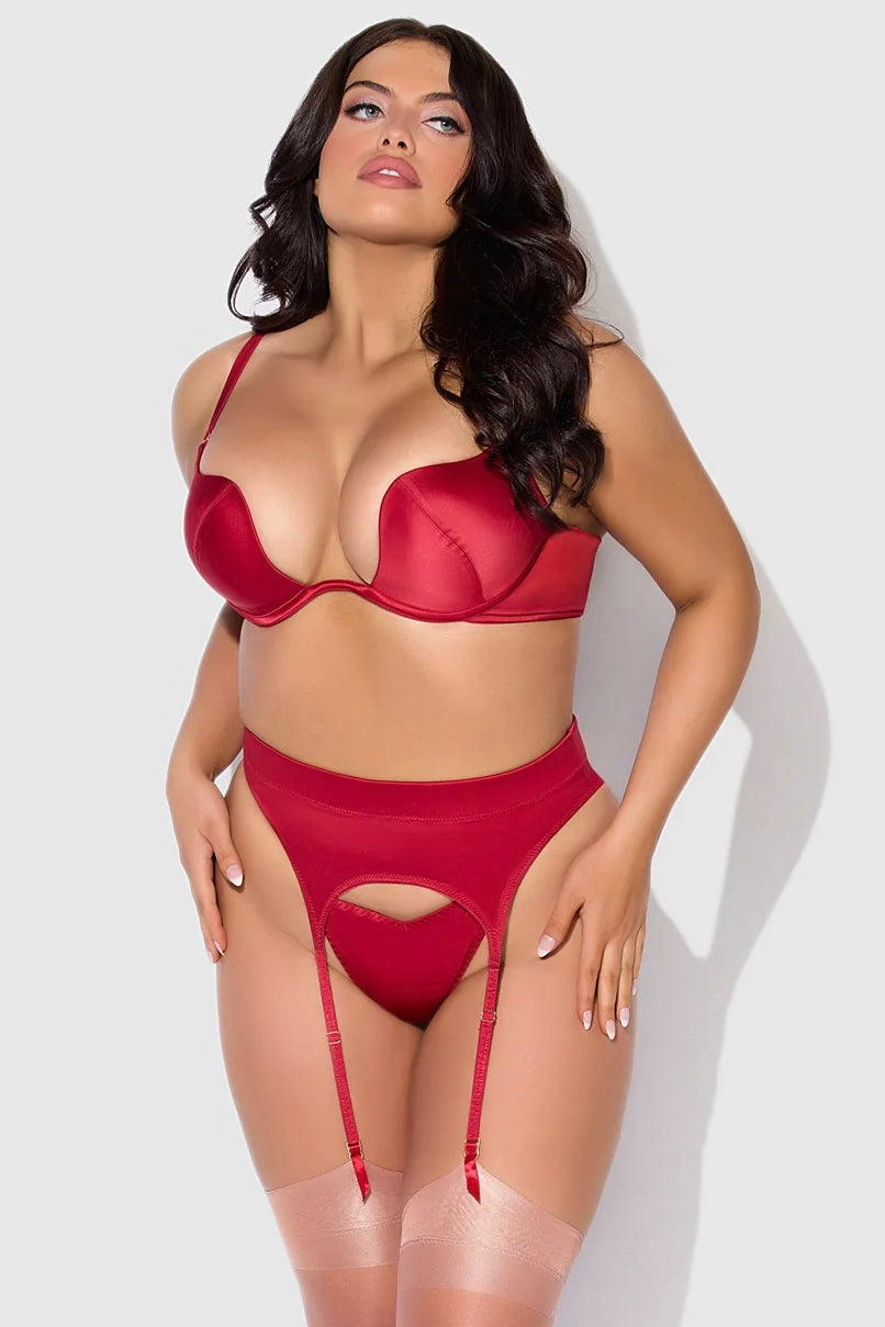 Plus size Brigeta satin push up bra, garter and thong set red