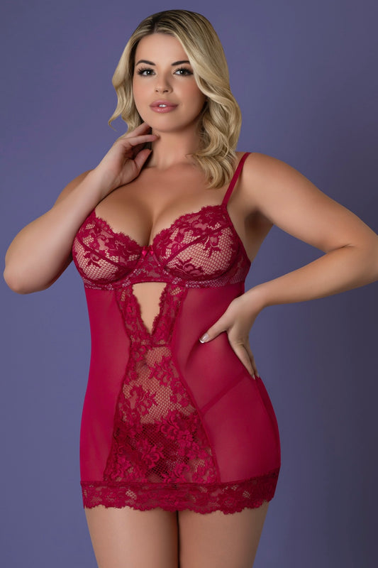 Plus size Cherry Demi Cup Chemise & Thong Set