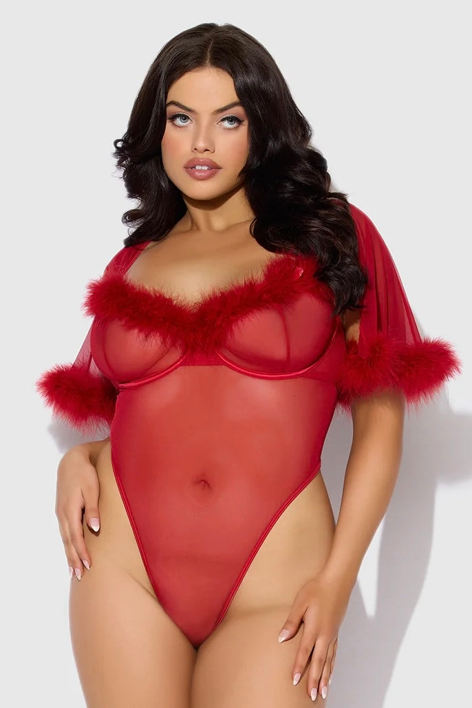 Plus size marabou mesh bell sleeved bodysuit