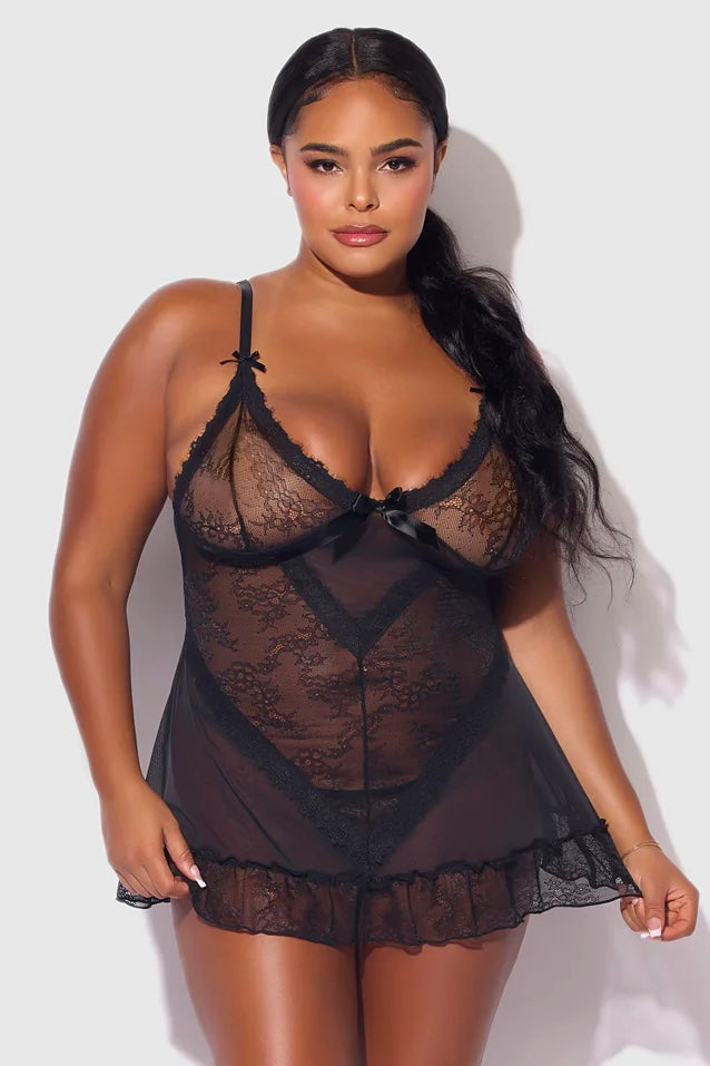 Plus size Kiki babydoll and g-string set black