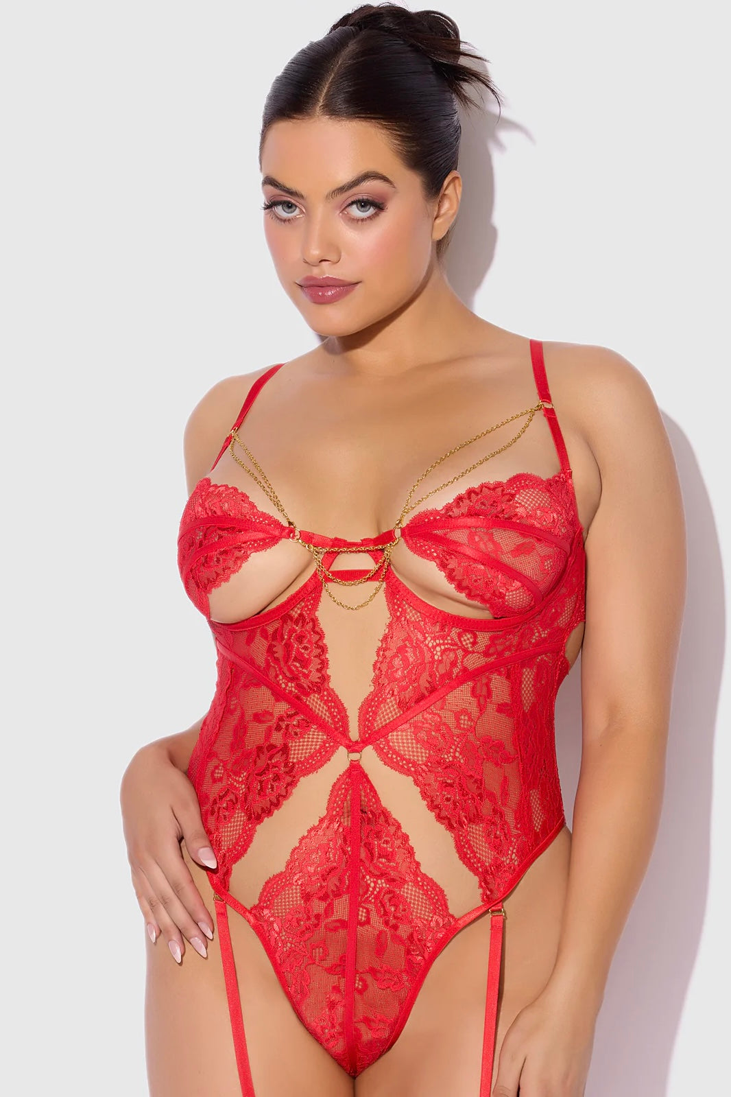Plus size Cecily lace and chain gartered teddy red