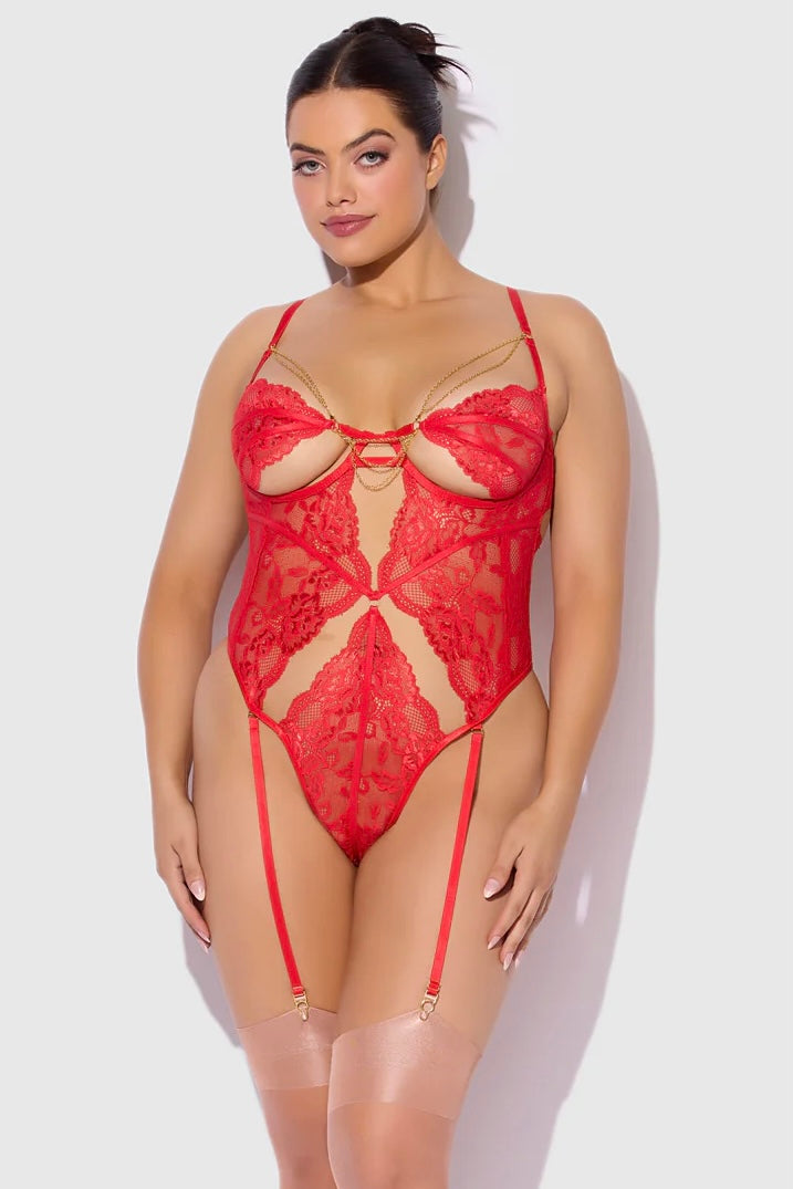 Plus size Cecily lace and chain gartered teddy red