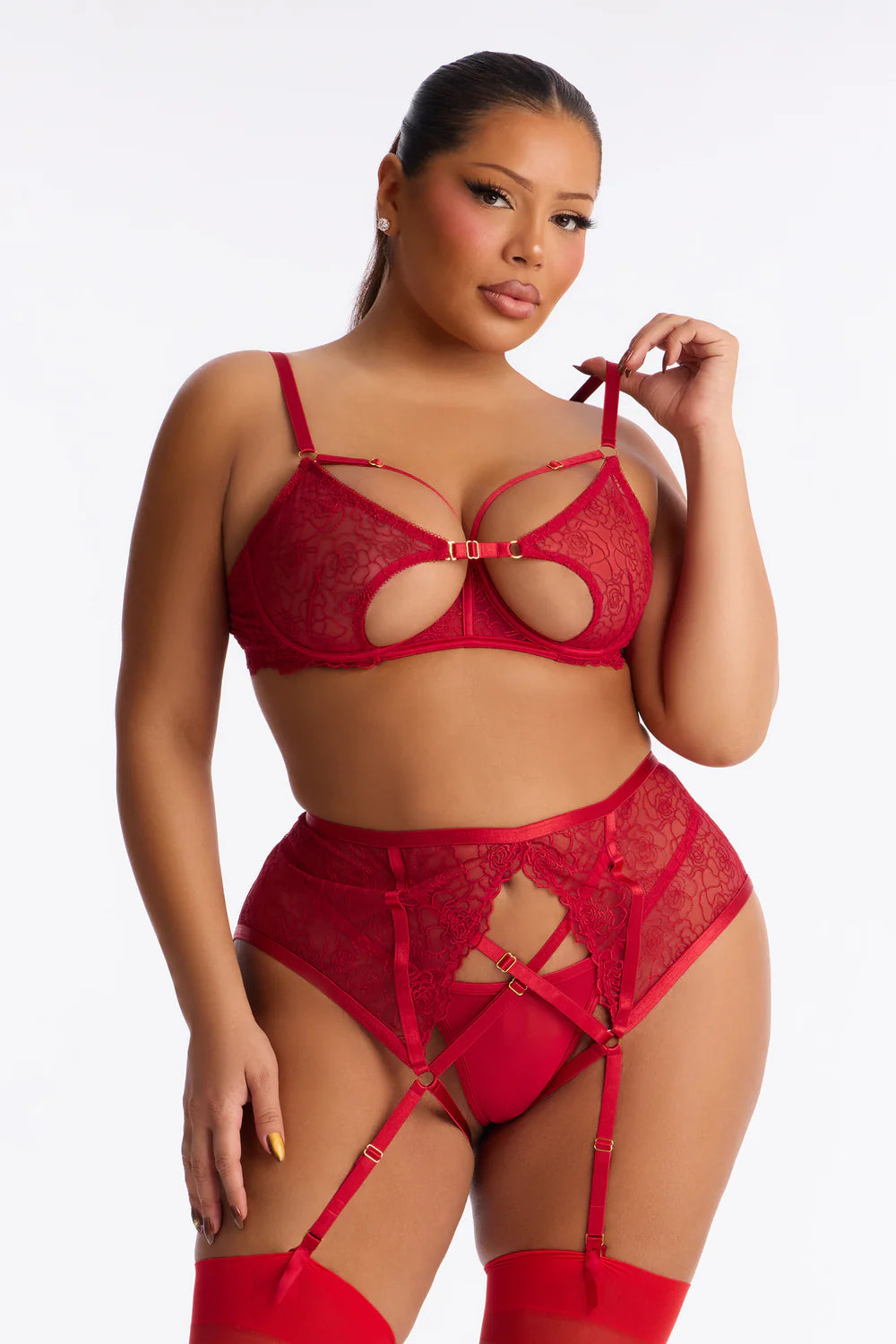 Plus size Rosalie open cup bra, garter and g-string