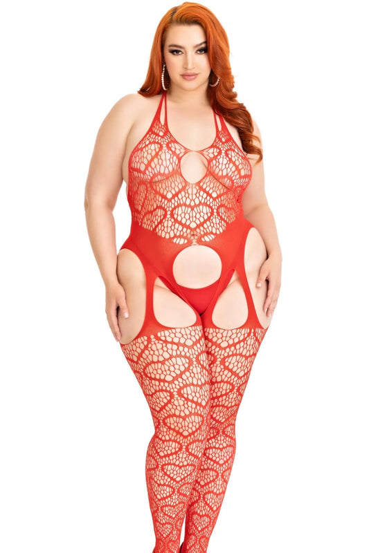 Plus size Love Hangover Heart Plus Net Bodystocking red